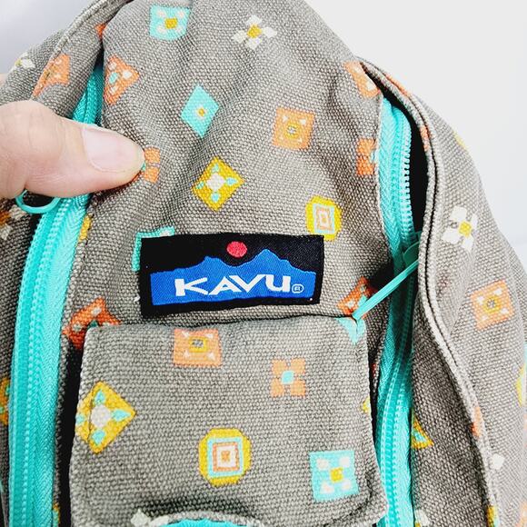 Kavu Gray & Teal Geometric Print Rope Sling Crossbody Bag Cotton Back Pack - Picture 2 of 16